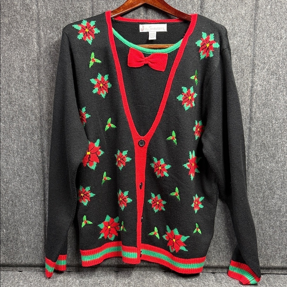 Jolly Sweaters Charming Black Cardigan with Red Floral Design